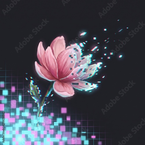 Pink flower glitch effect pixel dispersion cyberpunk dark background