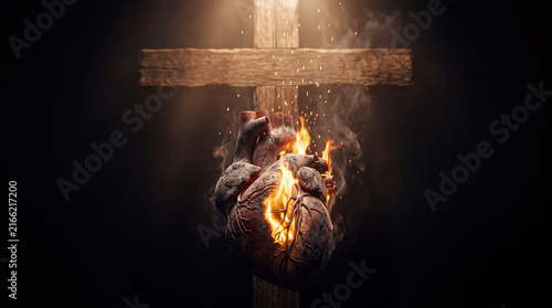 Burning Heart and Cross in Cinematic Light, Symbol of Christian Faith, Love, Hope and Devotion