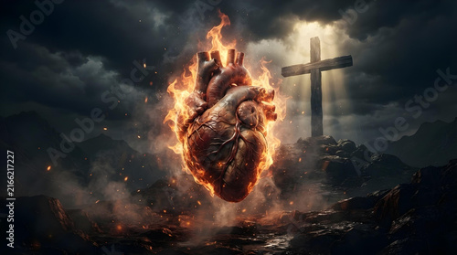 Burning Heart and Cross in Cinematic Light, Symbol of Christian Faith, Love, Hope and Devotion