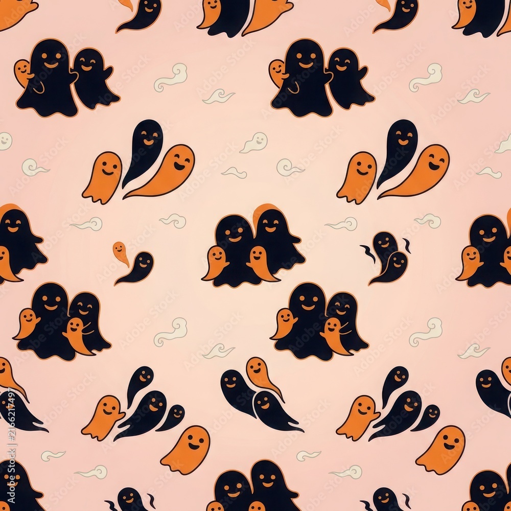 Fototapeta premium Minimalist cartoon ghost character pattern in black and orange for playful halloween party supplies and wrapping papers.
