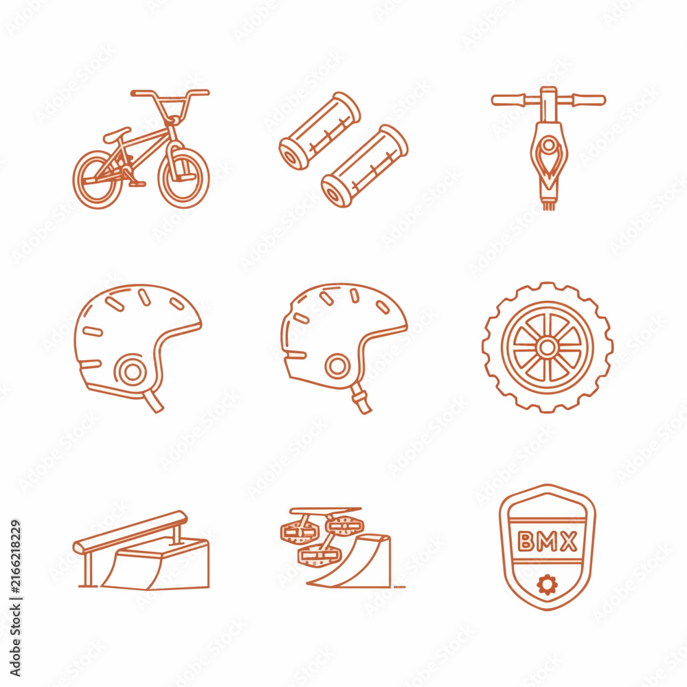 Naklejka premium BMX bike and gear flat vector icons set