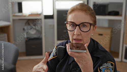 Fotografía Woman police officer holds smartphone to mouth while speaking, gestures with hand and shows badge on sleeve in office building; duty concern communication