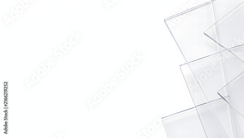 Modern white background with overlapping transparent rectangular glass panels on right side. generated by AI.