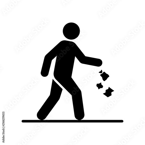 Black pictogram vector illustration of a person walking and throwing trash on the ground.