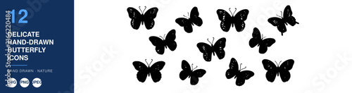 Butterfly Icons Set, Delicate Hand-Drawn Illustrations, Nature-Inspired Design Elements