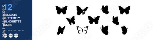 Butterfly Silhouettes Icons Set, Delicate Outline Design. Nature Vector Graphics, Minimalist Illustration