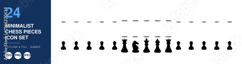 Chess Pieces Icon Set, a Minimalist Design Featuring Black and White Chess Figures Arranged in a Row. Strategic Game Elements, Vector Illustration.