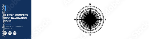 Compass Illustration with Classic Design and Rose Navigation Details. Nautical Icon Symbol for Direction, Exploration, and Guidance.
