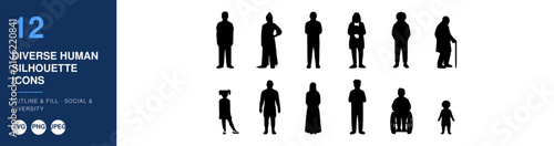 Diverse Human Silhouette Icons, Representing Inclusivity and Social Diversity Featuring Icon, People