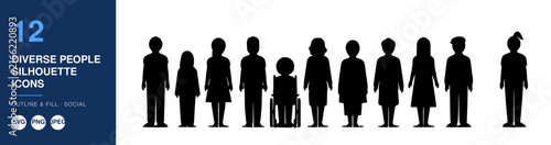 Diverse People Silhouette Icon, a Row of Black Human Figures in a Simple, Graphic Design Style. Represents Inclusivity and a Variety of Body Types.