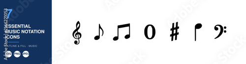 Essential Music Notation Icons Set, Including Treble Clef, Notes, Rests, Sharp, Flat, and Time Signature