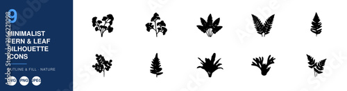 Ferns and Leaf Silhouettes Icon Set, Minimalist Botanical Design Elements. Elegant Foliage Illustrations for Branding and Decorative Use.