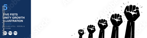 Raised Fists Illustration Depicting Five Units of Growth, Symbolizing Unity and Progress. Conceptual Design for Teamwork and Collective Strength.