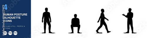 Human Posture Silhouette Icons Set, Depicting Various Actions and Stances Featuring Outline, Fill
