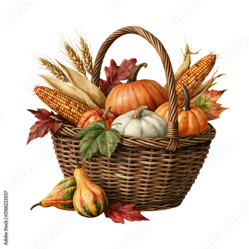 Autumn harvest basket pumpkin corn gourd leaf wicker seasonal decoration festive still life illustration