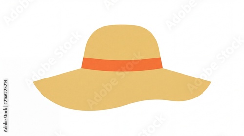 Yellow wide floppy straw sun hat with brown ribbon band, summer beach holiday uv protection headwear flat vector illustration on clean white background