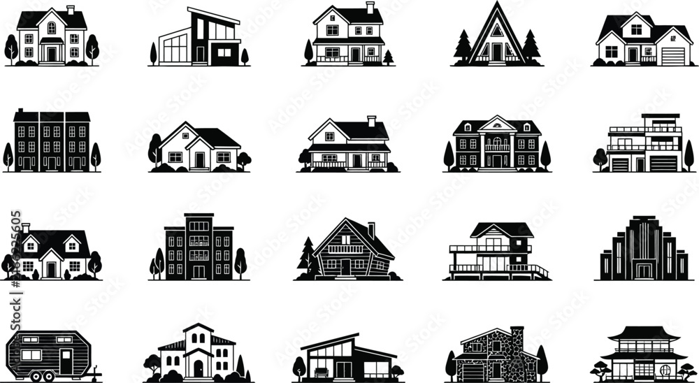 Obraz premium Residential House Icons Collection Vector Set – Modern Homes, Luxury Villas, Apartments, Cabins and Real Estate Buildings