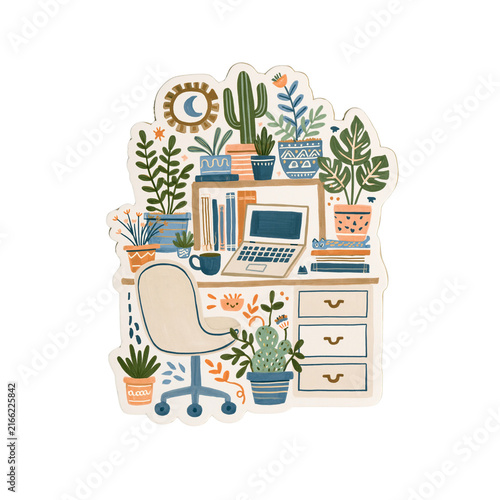 Cozy home office desk plant laptop indoor garden houseplant illustration workspace cactus coffee cup stationery creative desk chair drawer