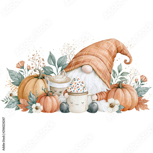 Autumn gnome pumpkin hot drink cozy fall cute mug latte harvest pumpkin gnome holds hot drink cozy fall mug with whipped cream sprinkle surrounded
