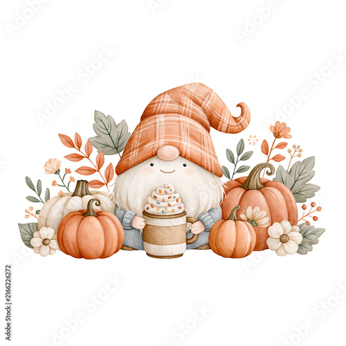 Cute gnome autumn pumpkin coffee cup flowers cozy fall illustration character