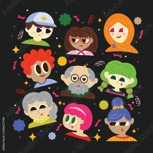Playful Cartoon Faces Character Illustration
