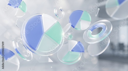 Floating glass pie charts and data visualization elements for business analytics concept