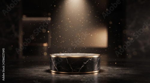Black marble podium with spotlight for luxury product display and cosmetic presentation.