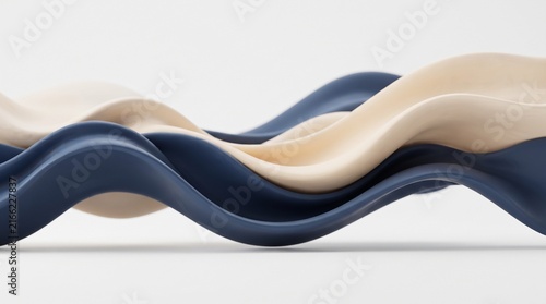 Abstract liquid clay waves in blue and beige flowing on a clean white background