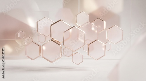 Floating frosted glass hexagons with soft rose gold lighting and abstract geometric shapes.