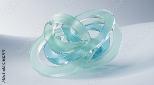 Abstract interlocking curved glass ribbons forming a modern sculptural knot on white background