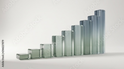 Glass bar chart showing financial growth and rising business success on white background.