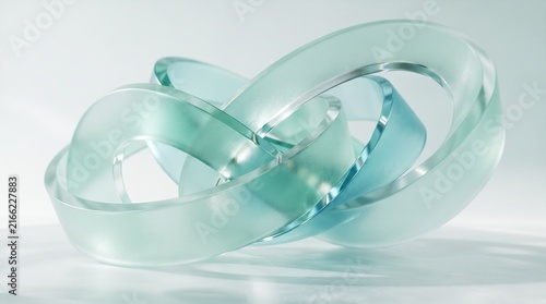 Interlocking curved glass ribbons forming an abstract sculptural knot on white background.