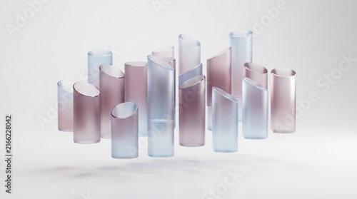 Abstract glass columns floating in a 3D array with soft gradient light and modern aesthetic.