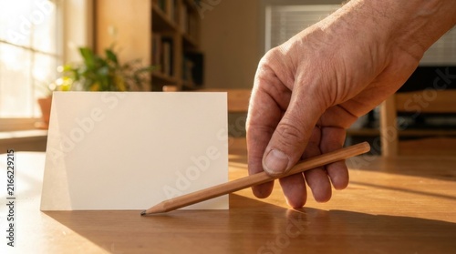 Hand Presenting Blank Card and Pencil on Warm Wooden Desk