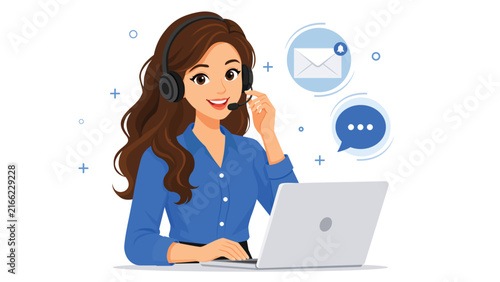 Illustrations customer support representative with headset working on laptop