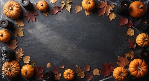 Elegant Halloween Pumpkins and Autumn Leaves Background with Copy Space