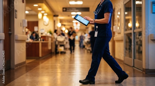 Nurse walking through a busy hospital corridor using a digital tablet