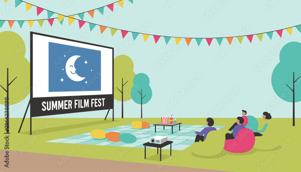 Fototapeta premium Cozy outdoor cinema event in a park with people sitting on bean bags watching a screen under the night sky.