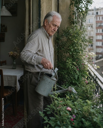 Elderly man watering flowering plants on a home balcony. Senior gardener caring for an urban garden and enjoying everyday retirement activity.