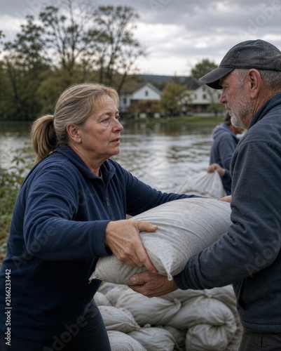 Older woman and man carrying sandbags during flood relief effort. Community volunteers working together beside a flooded river in a rural neighborhood.
