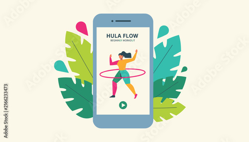 Smart phone screen displaying a hula hoop workout tutorial with colorful tropical green leaves in the background.