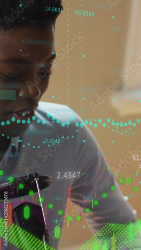 Digital video shows schoolboy with equations using tablet in global shipping concept.