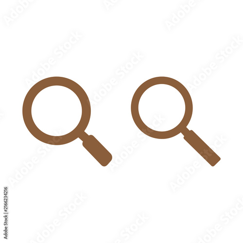 Magnifying glass vector symbols designed in brown set against a solid white background.