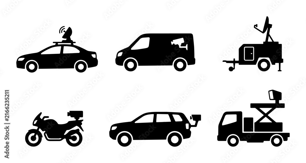 Naklejka premium Surveillance Vehicle Icons: Security Cars, Van, Motorcycle, Trailer, Truck Set