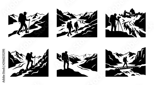 Canvastavla Mountain Hiking Silhouettes, Adventure Trekkers on Rocky Trails, Outdoor Explora