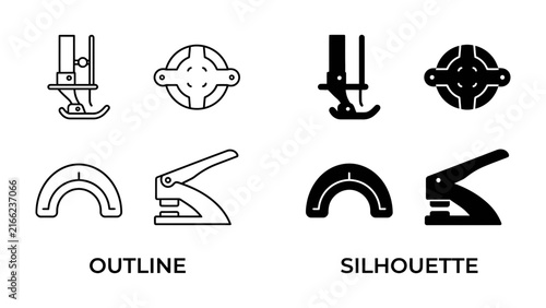 Obraz na plátně Sewing Machine Presser Foot Icon Set: A collection of essential sewing machine presser feet and tools presented in both outline and silhouette styles