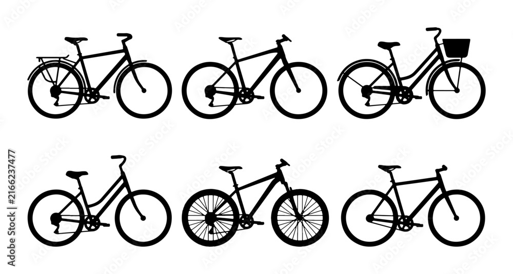 Fototapeta premium Bicycle Icons Set, Vector Graphics: Commuter, Mountain, Classic Bikes for Transport and Sport