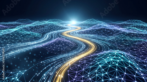 Futuristic digital landscape with glowing data streams and network