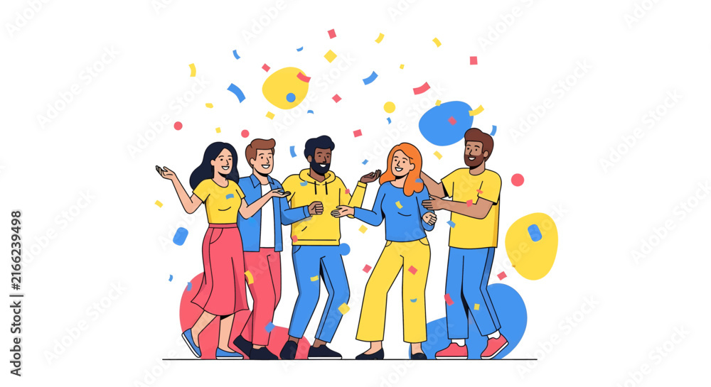 Fototapeta premium Diverse group of happy people celebrating with confetti and balloons, expressing joy and togetherness.