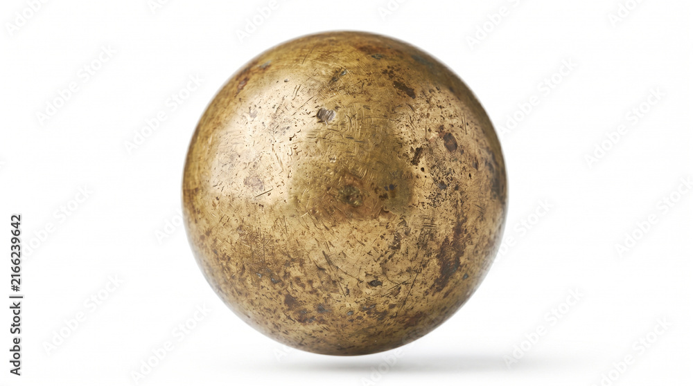 Fototapeta premium A shiny golden sphere with a textured surface isolated on a white background in a studio shot.